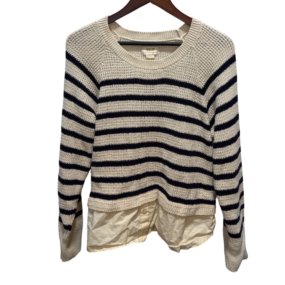 Maeve Anthropologie Womens‎ Large Striped Mixed Media Layered Sweater Cream Navy